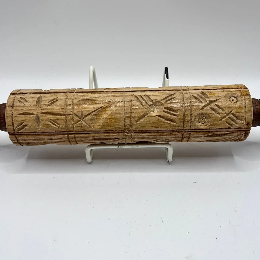 Vintage Hand Carved Wooden Springerle Rolling Pin Folk Art Cookie Mold Press